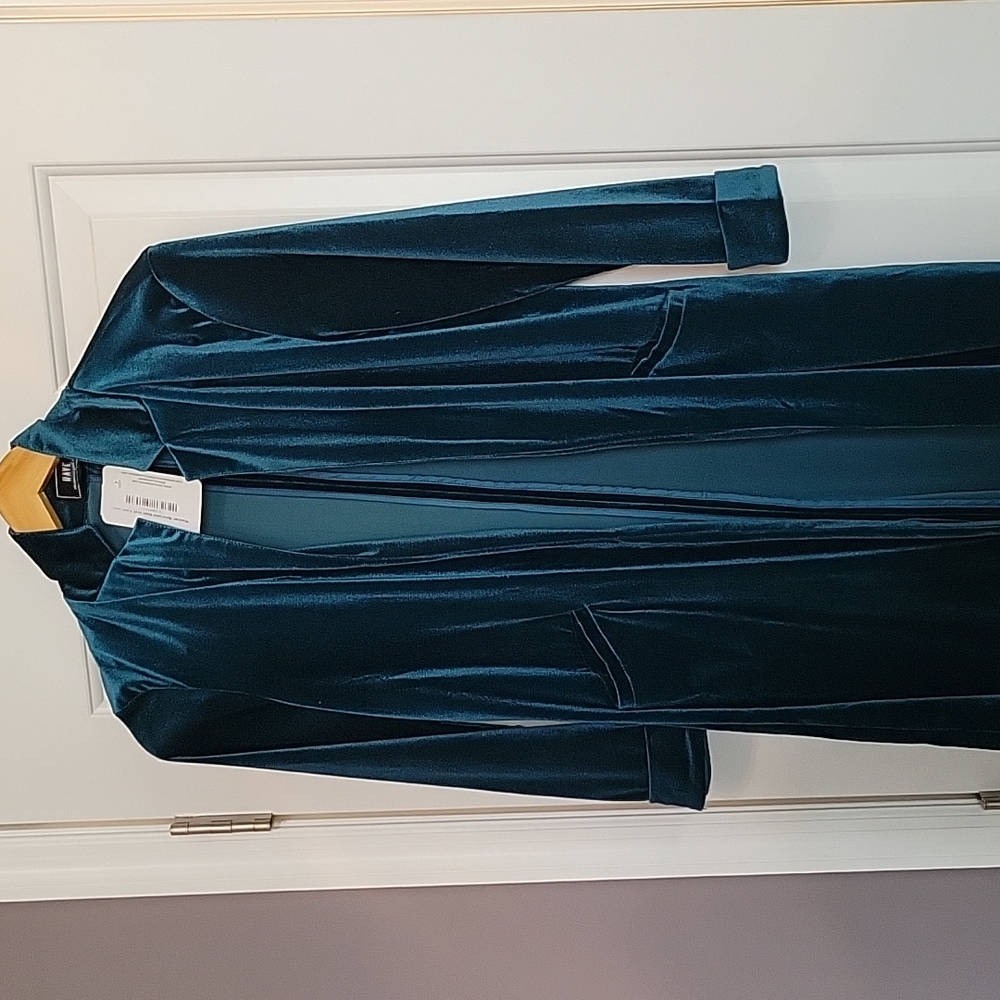 Long, green/teal velvety jacket with pockets